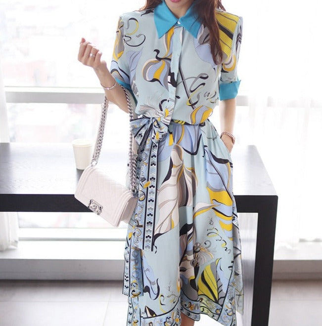 High Quality Three Quarter Sleeve Vintage Print Elegant Maxi Dress