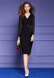 High Quality Multi Color Long Sleeve V Neck Elegant Beaded Dress