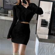 Sexy O Neck Knitted Sweater 2 Piece Set Crop Top + Bodycon Mini Skirt