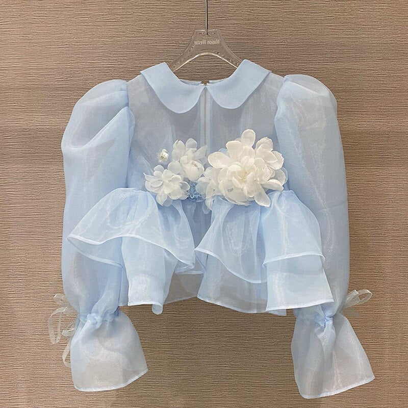 Flower Ruffle Slim Waist Short Puff Sleeve Shirt