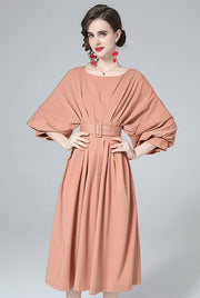 High Quality  Round Neck Long Lantern Sleeve Belted Loose Slim Pleated Dress