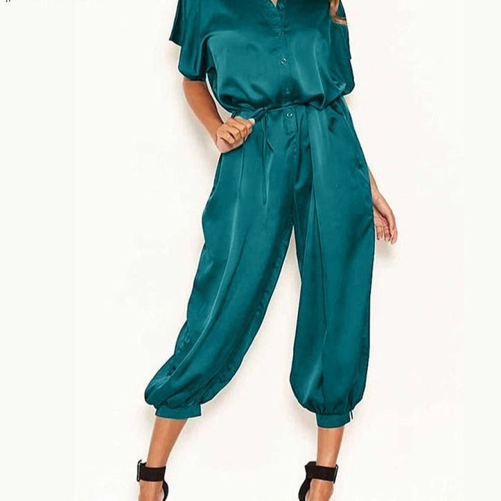 Short-sleeved satin jumpsuit in various colors