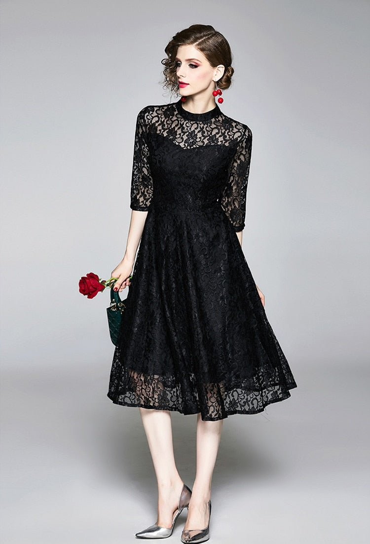 High Quality Red and Black Vintage Designer Elegant Lace Dress Red / M High Quality Red and Black Vintage Designer Elegant Lace Dress Red / M