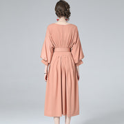 High Quality  Round Neck Long Lantern Sleeve Belted Loose Slim Pleated Dress