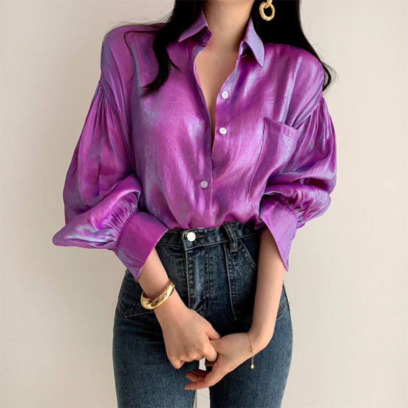 Lapel Buttons Legant Puff Sleeve Casual Blouse