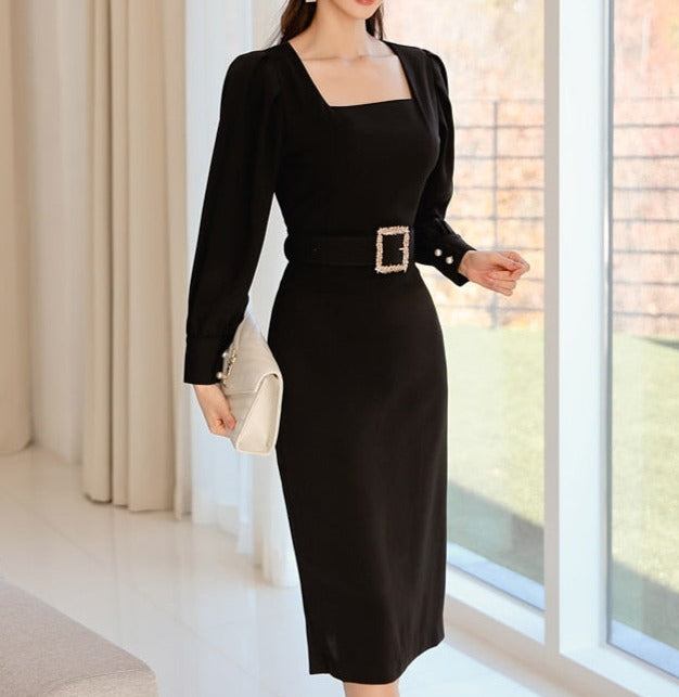High Quality Long Sleeves Bodycon Office Black Elegant Dress Black / M