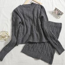 Sexy O Neck Knitted Sweater 2 Piece Set Crop Top + Bodycon Mini Skirt