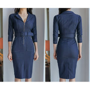 Fashion Zipper Slim Pencil Dress Womens Occupation Simple V-Neck Elegant Office Lady Denim Dresses