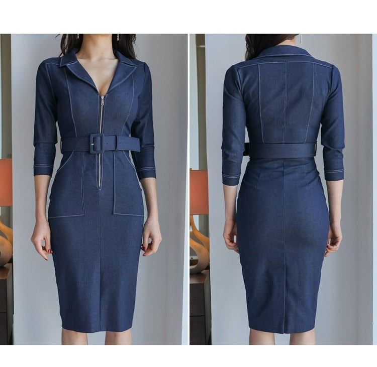 Fashion Zipper Slim Pencil Dress Womens Occupation Simple V-Neck Elegant Office Lady Denim Dresses