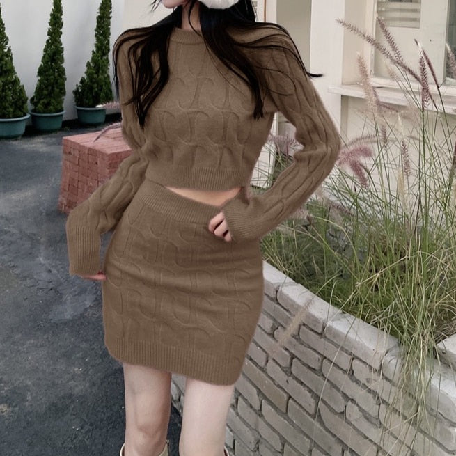 Sexy O Neck Knitted Sweater 2 Piece Set Crop Top + Bodycon Mini Skirt