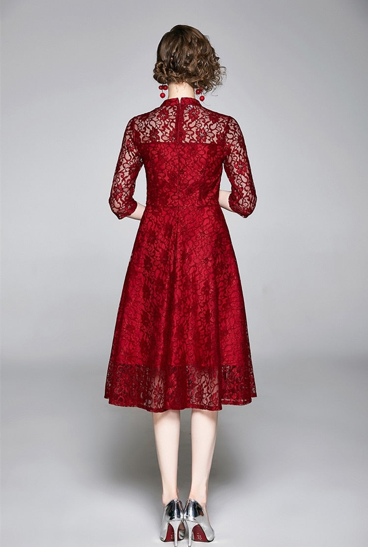 High Quality Red and Black Vintage Designer Elegant Lace Dress Red / M High Quality Red and Black Vintage Designer Elegant Lace Dress Red / M