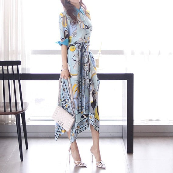 High Quality Three Quarter Sleeve Vintage Print Elegant Maxi Dress