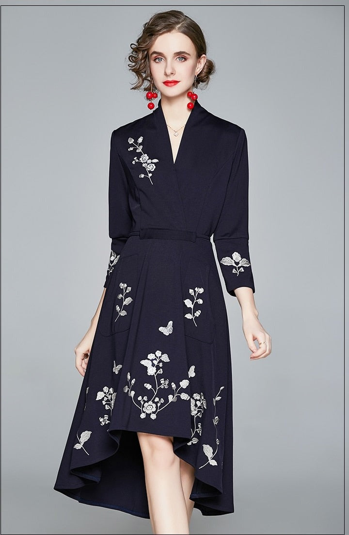 High quality vintage style three quarter sleeve flower embroidery elegant dress