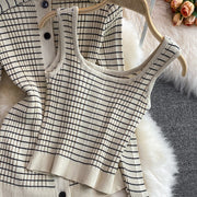 Temperament 3 Piece Set Plaid Knit Cardigan Bottoming Camisole Skirt