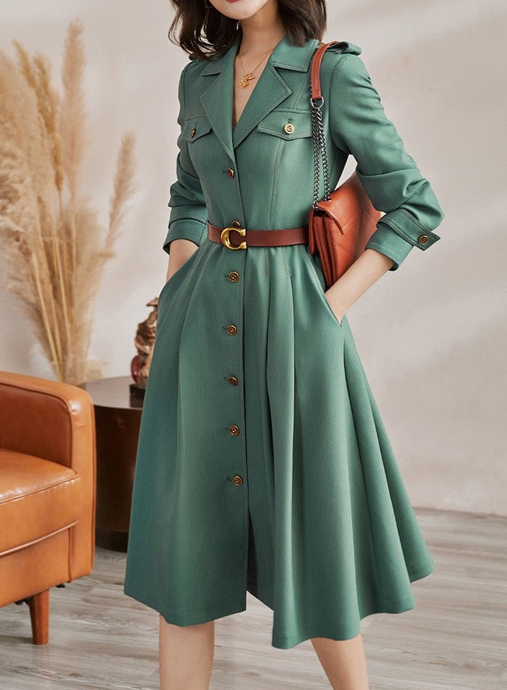 High Quality Belted Pocket Midi Long Sleeves Business Shirt Dress