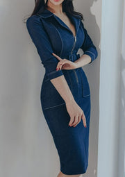 Fashion Zipper Slim Pencil Dress Womens Occupation Simple V-Neck Elegant Office Lady Denim Dresses