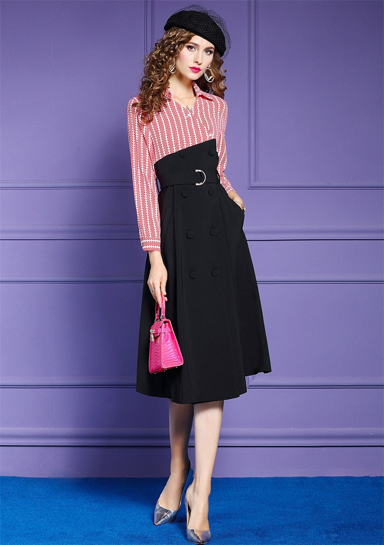 Vintage high quality belted striped long sleeve elegant dress