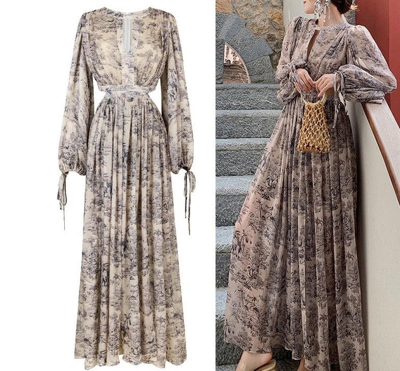 High Quality Long Sleeves Floral Vintage Maxi Dress