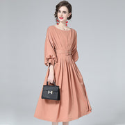 High Quality  Round Neck Long Lantern Sleeve Belted Loose Slim Pleated Dress