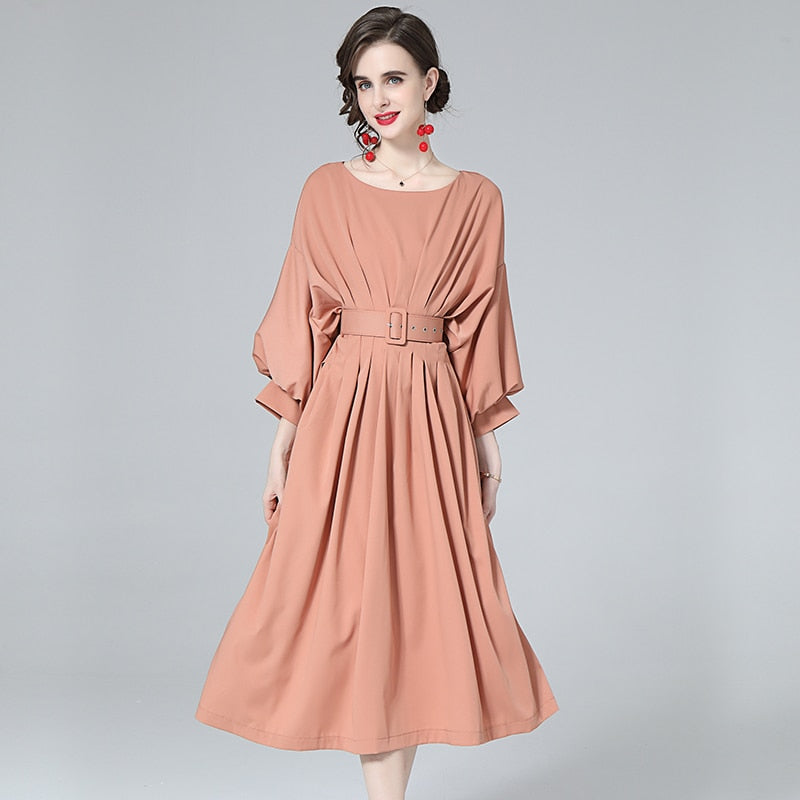 High Quality  Round Neck Long Lantern Sleeve Belted Loose Slim Pleated Dress