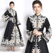 High Quality High Neck Print Flared Long Sleeve High Waist Sexy Elegant Dress