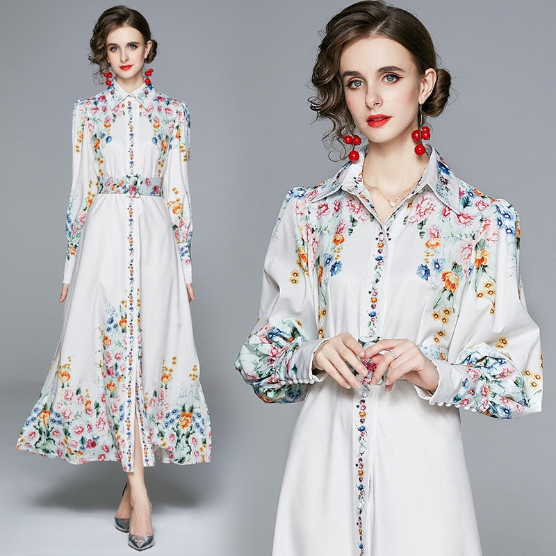 High Quality Ankle-Length A-Line Long Sleeve Print Elegant Dress