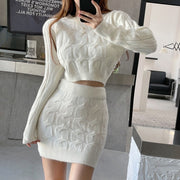 Sexy O Neck Knitted Sweater 2 Piece Set Crop Top + Bodycon Mini Skirt