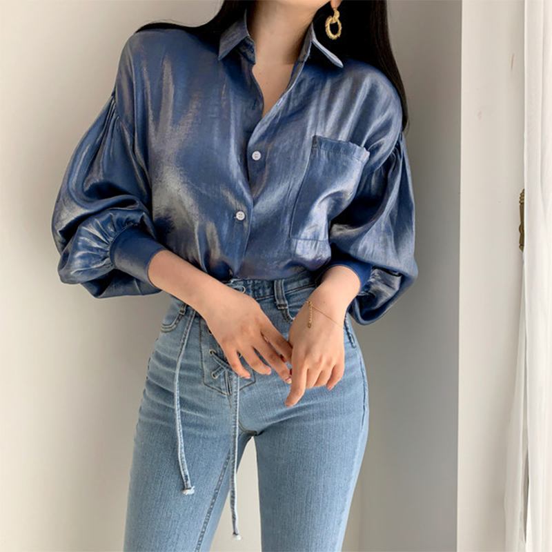 Lapel Buttons Legant Puff Sleeve Casual Blouse