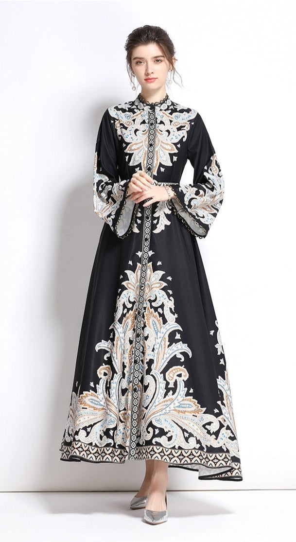 High Quality High Neck Print Flared Long Sleeve High Waist Sexy Elegant Dress