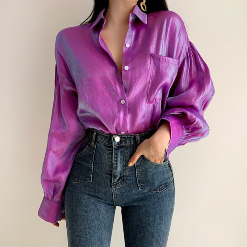 Lapel Buttons Legant Puff Sleeve Casual Blouse