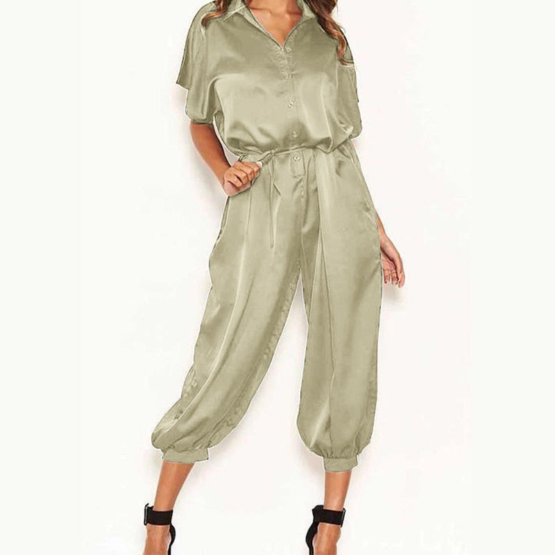 Short-sleeved satin jumpsuit in various colors