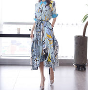 High Quality Three Quarter Sleeve Vintage Print Elegant Maxi Dress