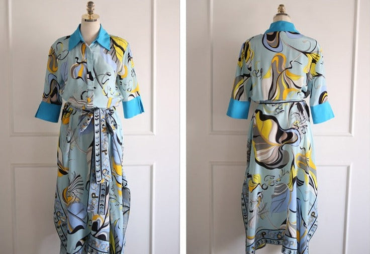 High Quality Three Quarter Sleeve Vintage Print Elegant Maxi Dress