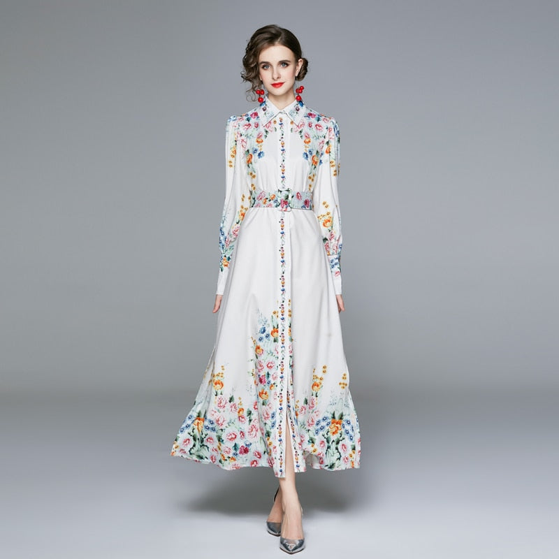 High Quality Ankle-Length A-Line Long Sleeve Print Elegant Dress