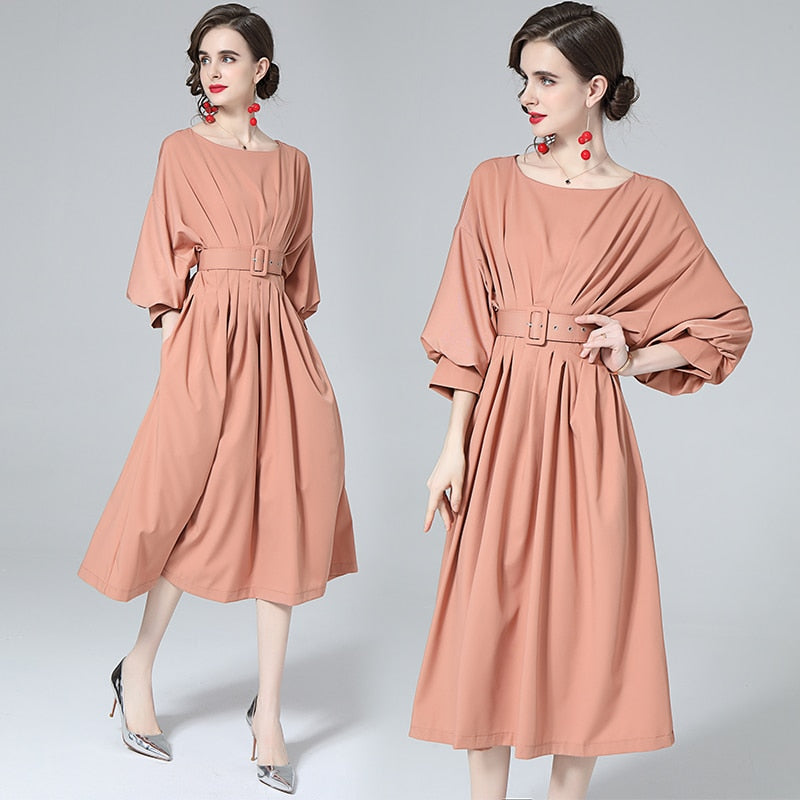 High Quality  Round Neck Long Lantern Sleeve Belted Loose Slim Pleated Dress