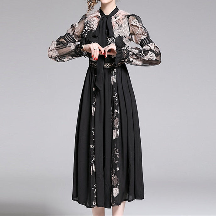 Women Luxury Embroidery Mesh Dress Festa Female Cocktail Party Robe High Quality Neck Ostrich Feather Designer Vestidos