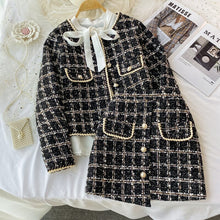 2 Piece Set Elegant Vintage Plaid Tweed Long Sleeve Jackets Coat + Mini A-line Skirts