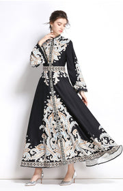 High Quality High Neck Print Flared Long Sleeve High Waist Sexy Elegant Dress