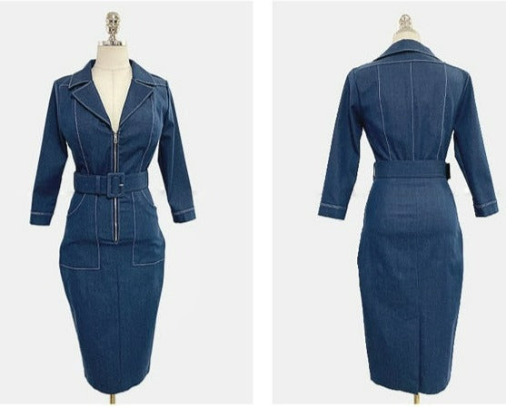 Fashion Zipper Slim Pencil Dress Womens Occupation Simple V-Neck Elegant Office Lady Denim Dresses