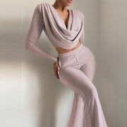 Pink 2 Piece Set Sexy Glitter Draped Long Sleeve Top and Pants