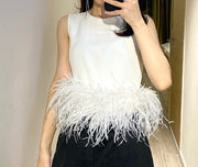 round neck sleeveless feather design shirt