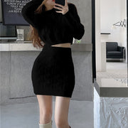 Sexy O Neck Knitted Sweater 2 Piece Set Crop Top + Bodycon Mini Skirt