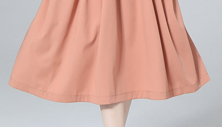 High Quality  Round Neck Long Lantern Sleeve Belted Loose Slim Pleated Dress