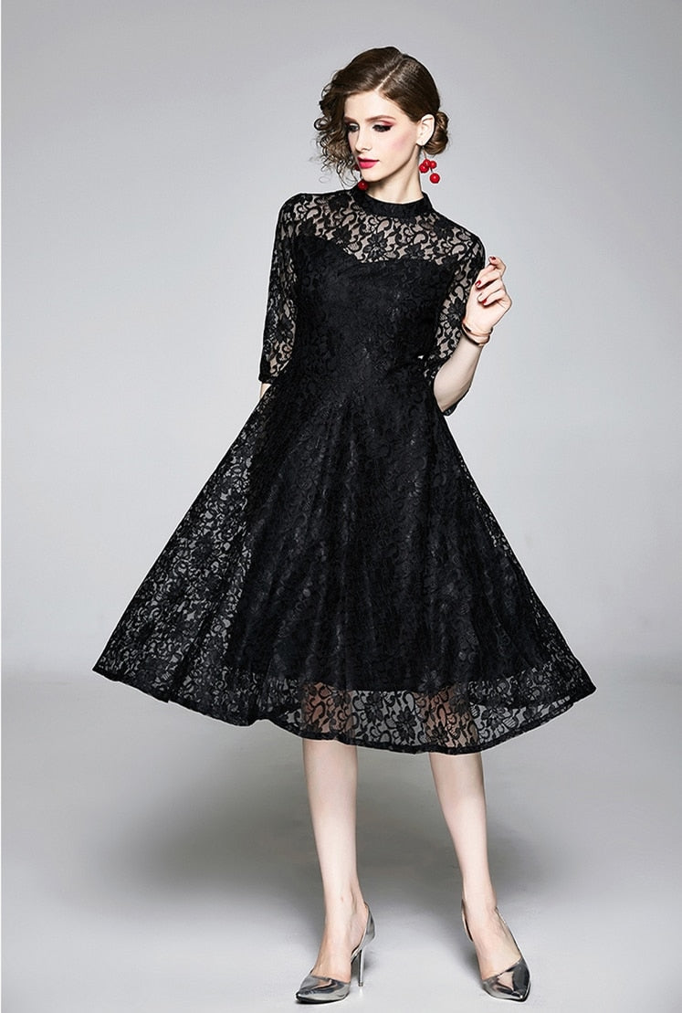 High Quality Red and Black Vintage Designer Elegant Lace Dress Red / M High Quality Red and Black Vintage Designer Elegant Lace Dress Red / M