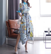 High Quality Three Quarter Sleeve Vintage Print Elegant Maxi Dress