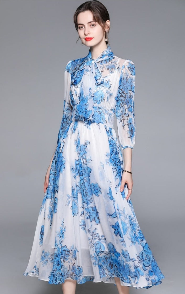High Quality Vintage Designer A-Line Bows Long Elegant Blue Chiffon Dress Blue / L High Quality Vintage Designer A-Line Bows Long Elegant Blue Chiffon Dress Blue / L