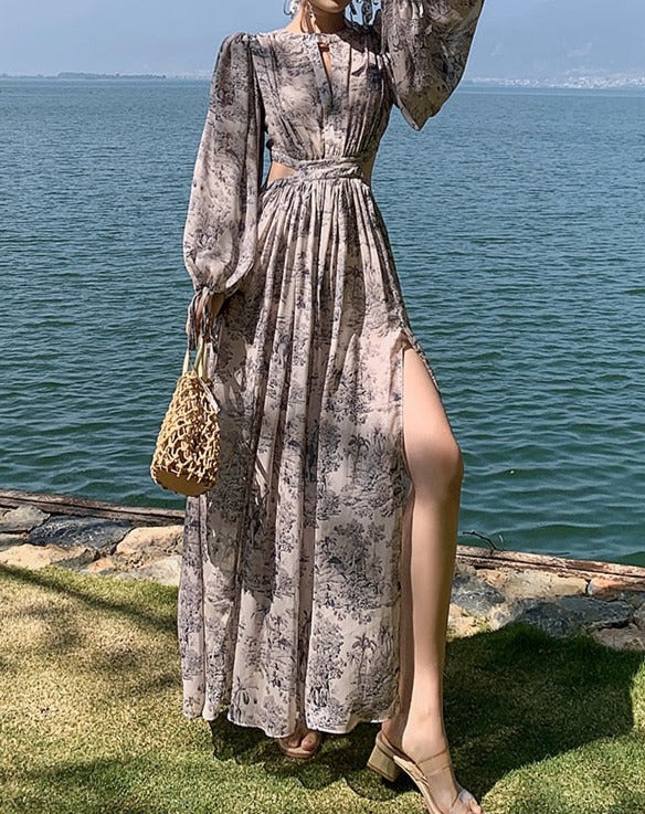 High Quality Long Sleeves Floral Vintage Maxi Dress