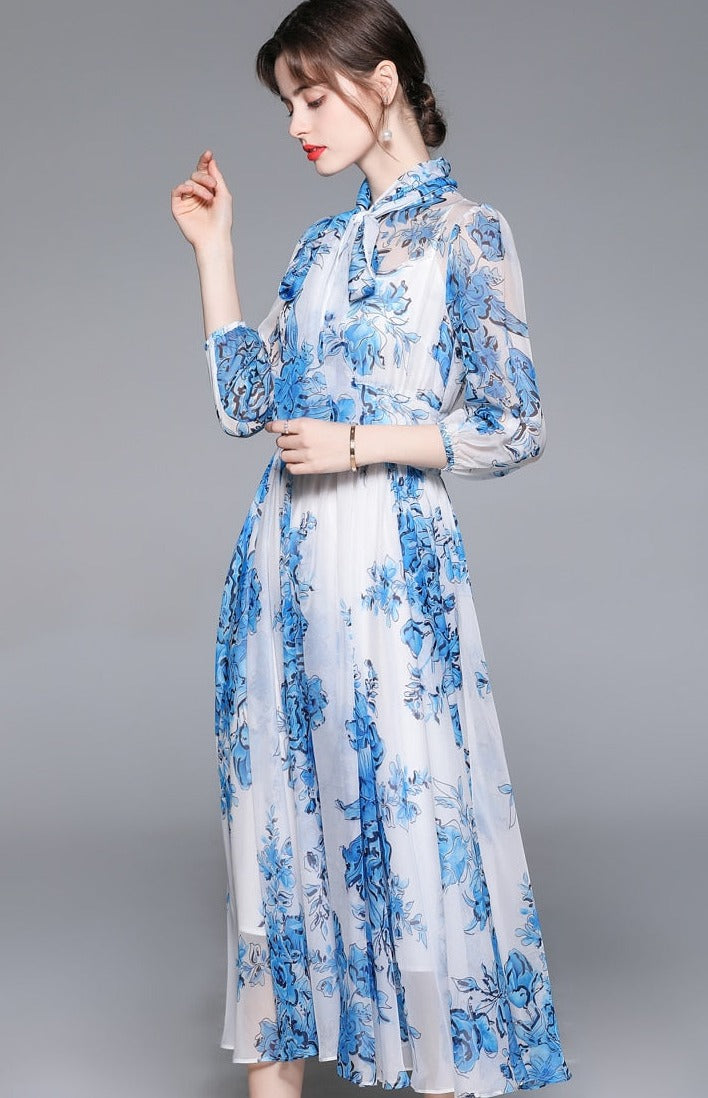 High Quality Vintage Designer A-Line Bows Long Elegant Blue Chiffon Dress Blue / L