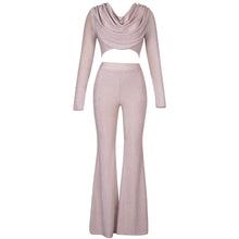 Pink 2 Piece Set Sexy Glitter Draped Long Sleeve Top and Pants