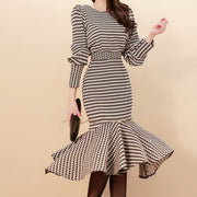 Two Piece Set Long Sleeve Tops and Mid-Calf Bodycon Mermaid Skirts, High Quality Wavy Striped